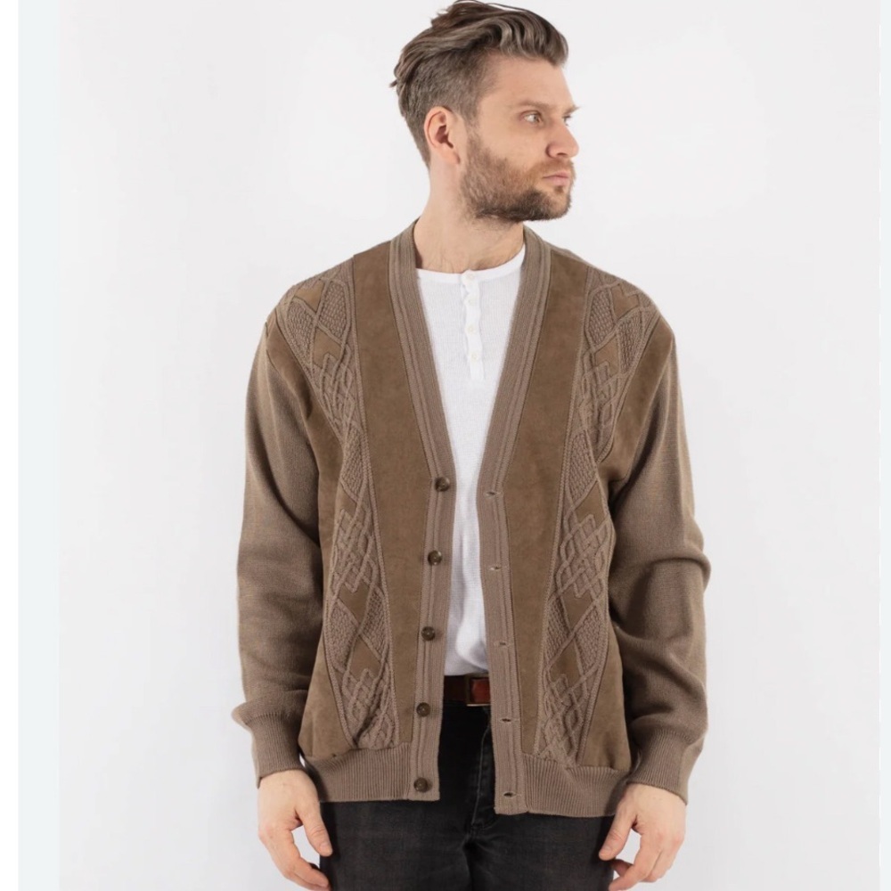 Vintage Norm Thompson Button Down Cardigan/Leather and Wool Blend/Front Pockets